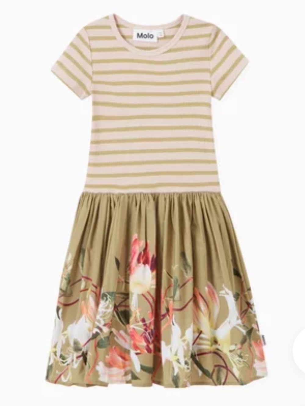 Molo Tshirt Pink & Olive Floral Stripe Dress 11/12Y Honeysuckle Edge